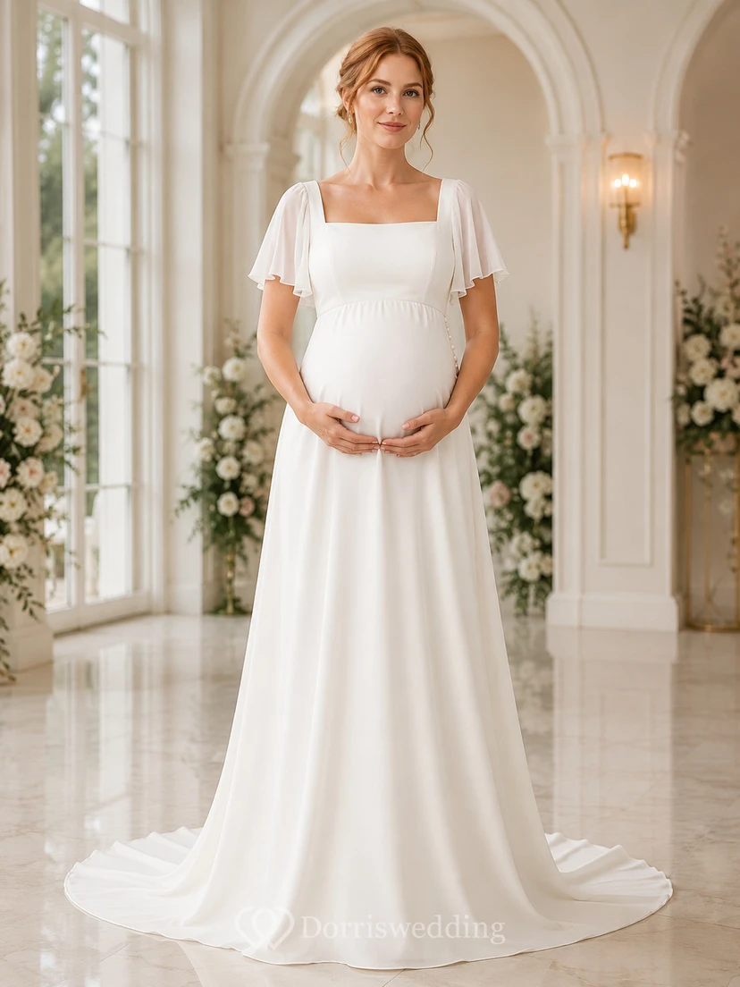 Robe de mariée en mousseline de plage, col empire carré, manches courtes, longueur au sol