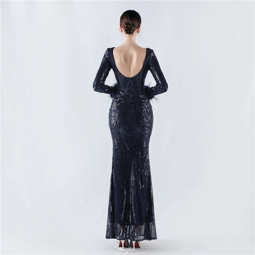 Robe de soirée haut de gamme ornée de perles florales fixes et de poils d'autruche, hôte de la réunion annuelle d'hiver view 42