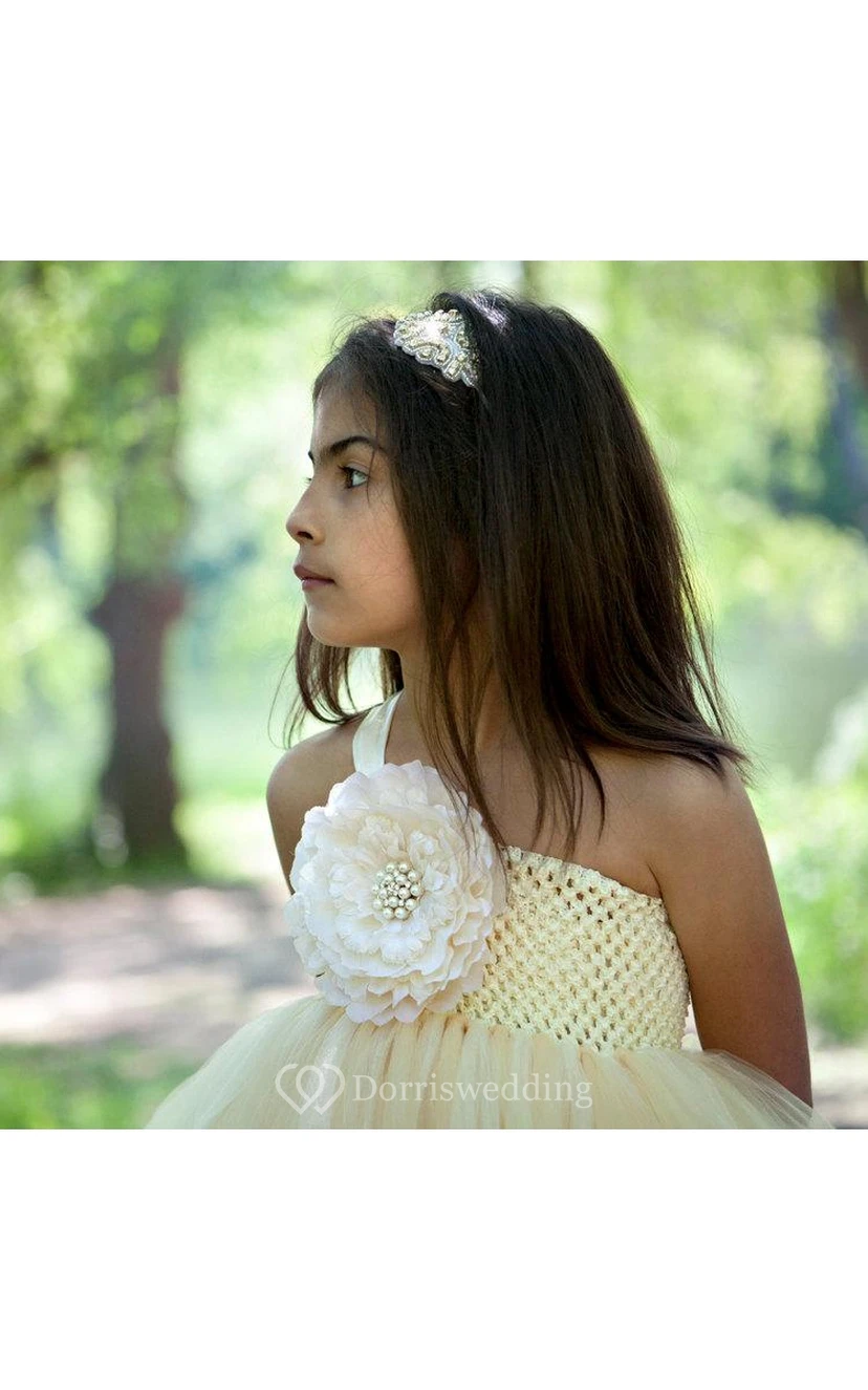 One-shoulder Empire Pleated Tulle Ball Gown With Flower view 3