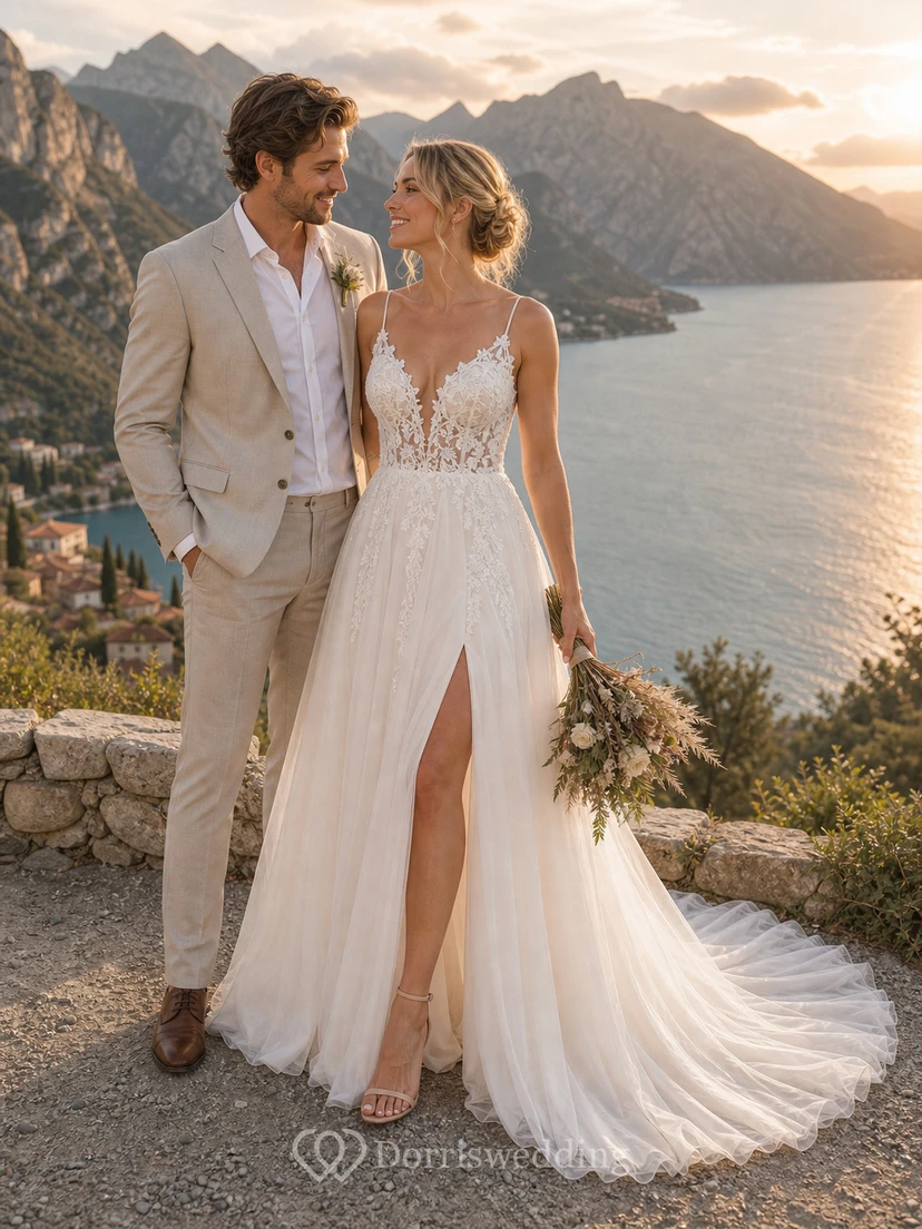 Boho Beach Wedding Dress with Spaghetti Straps, Floral Lace Bodice, High Slit & Flowing Chiffon Train view 3