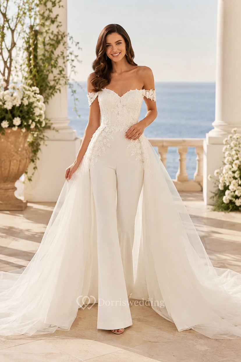 White Off-the-Shoulder Lace Bridal Jumpsuit with Tulle Train