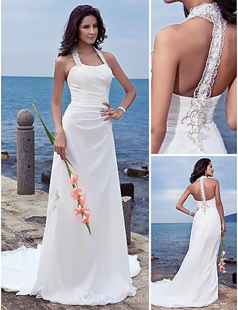 sheath Halter Court Train Chiffon Beach Wedding Dress