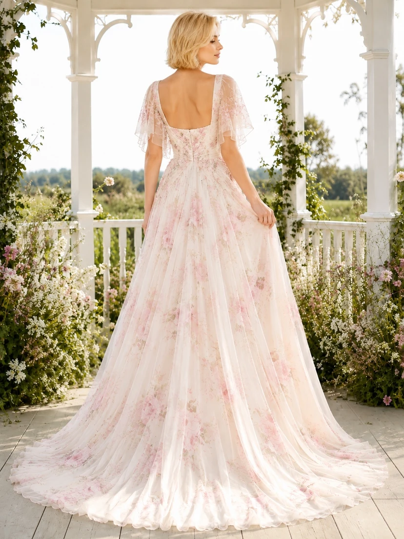 Rosafarbenes, bodenlanges Chiffon-Hochzeitskleid mit eckigem Ausschnitt, kurzen Ärmeln und A-Linien-Schnitt sowie floralem Gartenmuster view 2