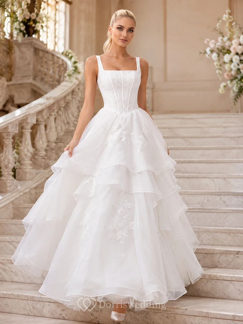 Robe de bal Staircase Rhapsody, longue jusqu'au sol, carrée, sans manches, en tulle, robe de mariée romantique