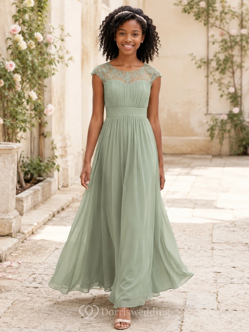 Celadonfarbenes Brautjungfernkleid für junge Mädchen, A-Linie, kurze Ärmel mit Muschelsaum, Oberteil aus Spitze