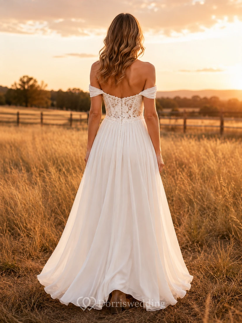 Flowy Off-Shoulder A-Line Wedding Dress with Sweetheart Lace and Split Skirt Romantic Casual Tulle view 2