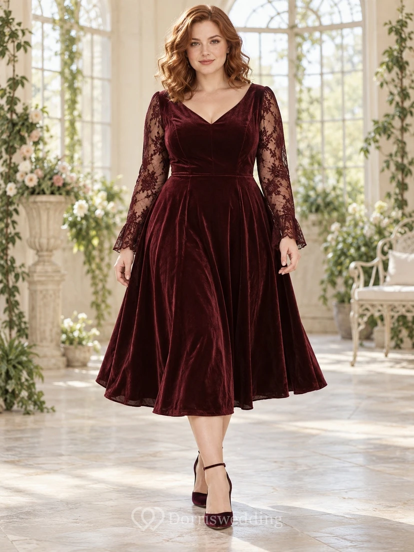 Teelanges, langärmeliges Vintage-Gothic-Brautjungfernkleid aus burgunderrotem Samt mit V-Ausschnitt, Spitze und ausgestelltem Rock