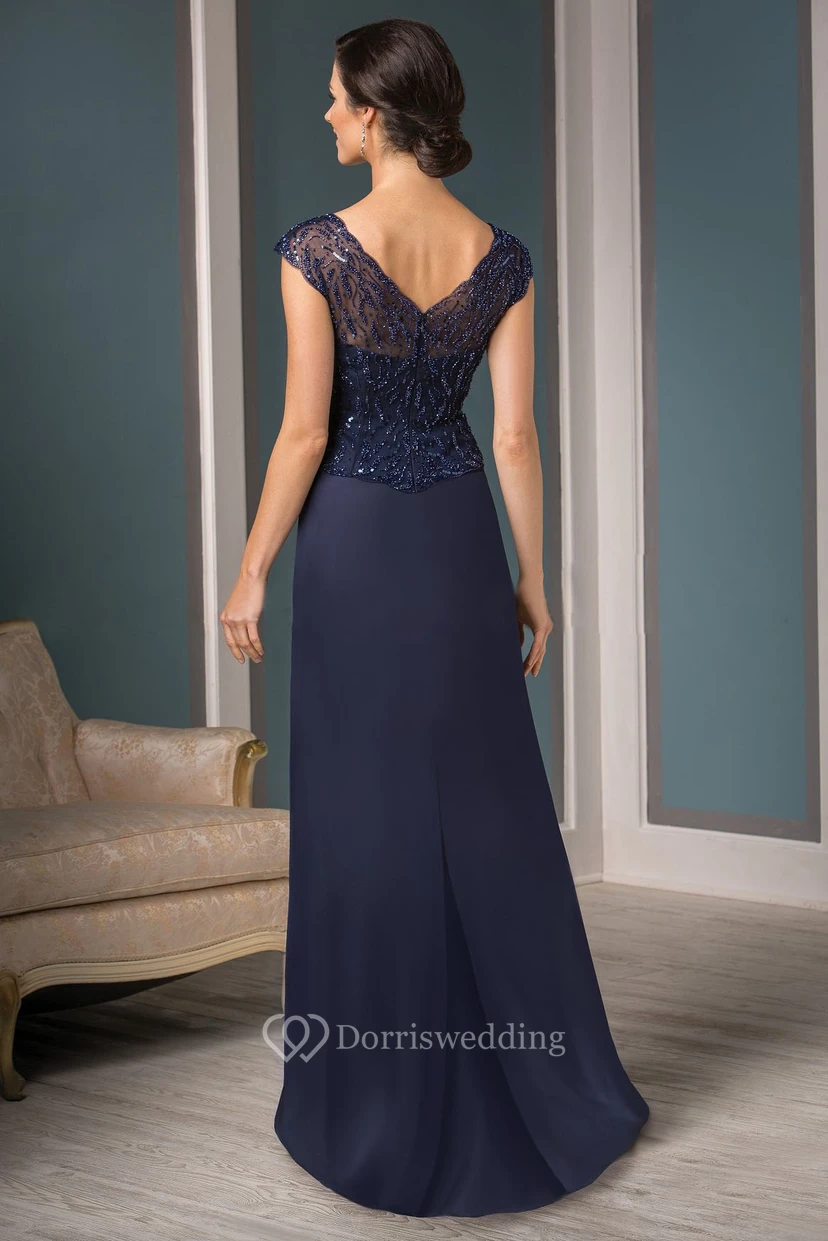 Cap-Sleeved V-Neck Mother Of The Bride Dress With Sequins And Illusion Style view 2