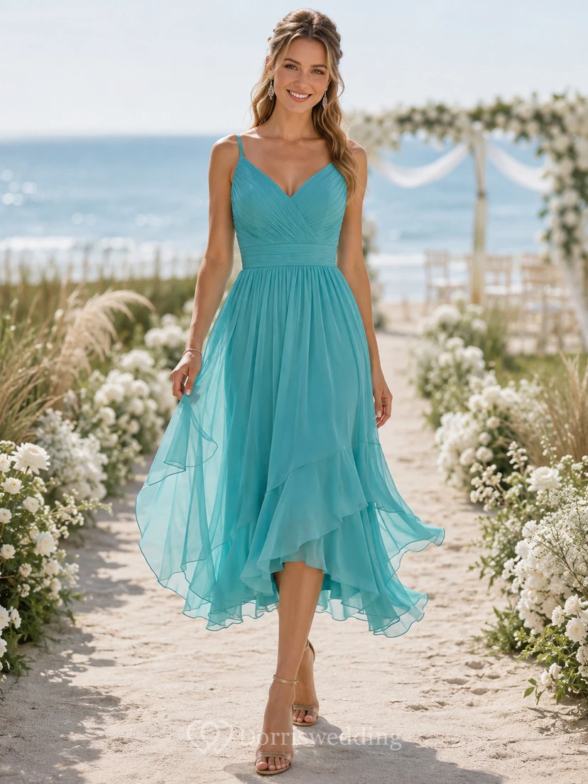 Turquoise V Neck Spaghetti Chiffon High Low Guest Dress