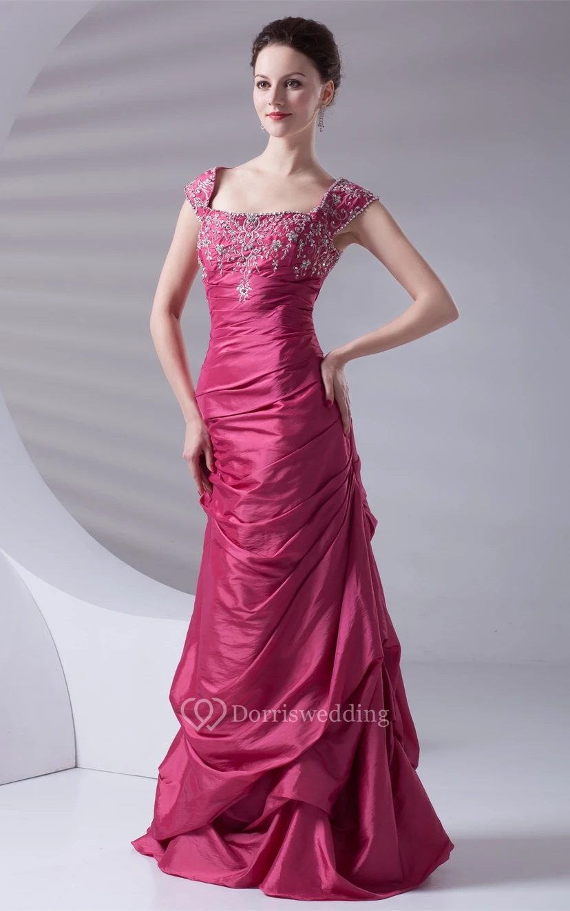 Caped-Sleeve Pick-Up A-Line Taffeta Gown With Embroideries view 3