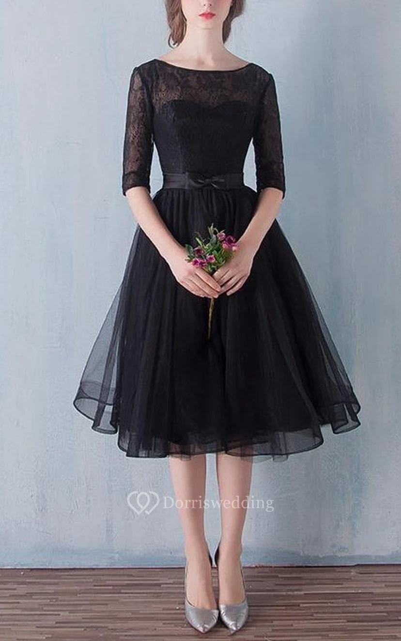 A-Line Scoop Half Sleeves Lace Sashes Tea-Length Prom Dress