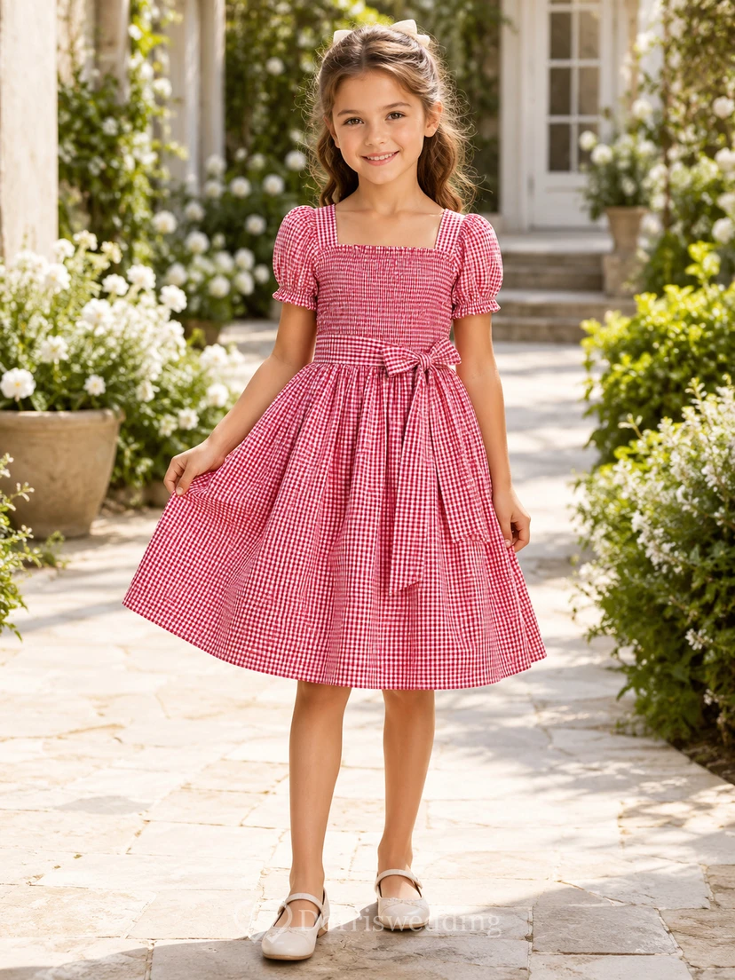 Watermelon Gingham A-Line Taffeta Flower Girl Dress, Short Sleeve Puff, Square Neck, Bow Sash, Knee-Length Garden