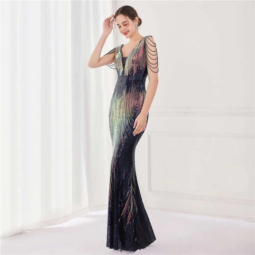 Vestido largo de lentejuelas con cola de pez, ideal para eventos, banquetes, eventos de celebridades y eventos de moda. Vestido de noche con etiqueta para modelos de automóviles. view 29