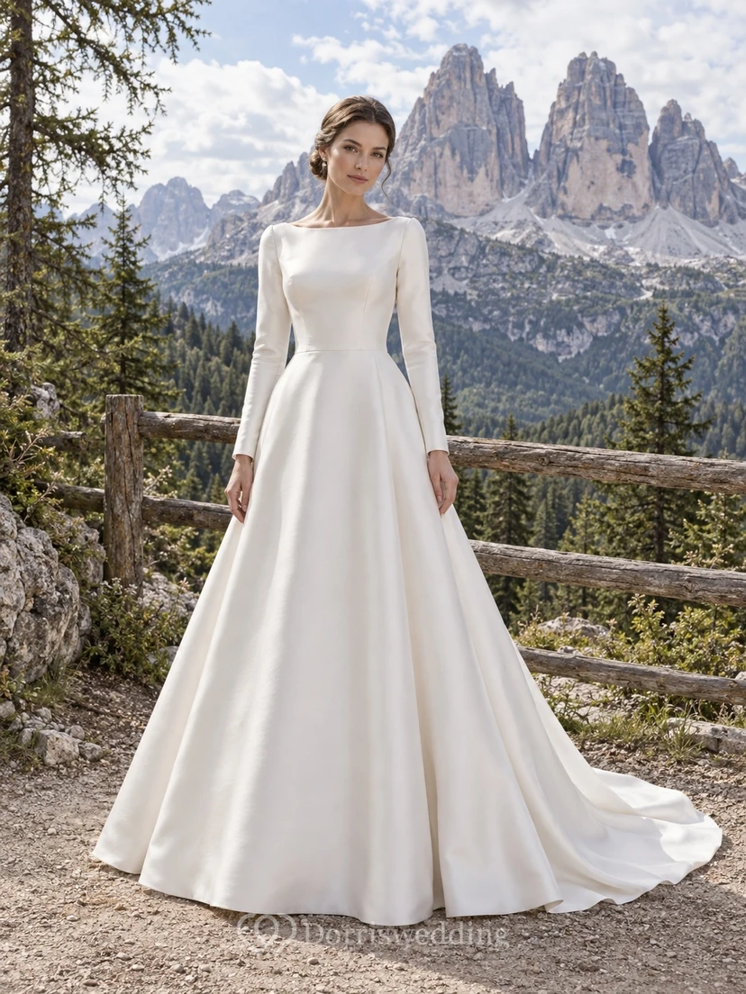 Vestido de novia sencillo de satén con escote joya, corte en A, mangas largas y cola.