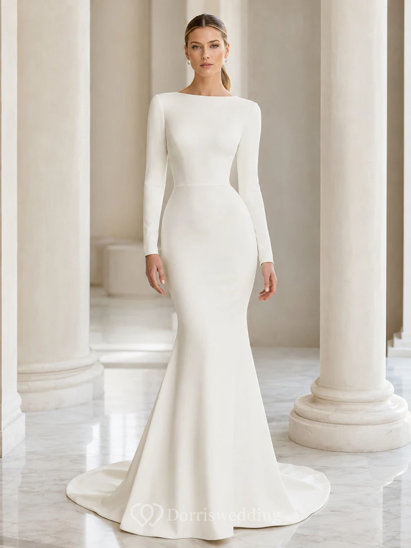 Figurschmeichelndes Brautkleid mit U-Boot-Ausschnitt, langen Ärmeln, Meerjungfrauenschnitt und Schleppe aus Satin