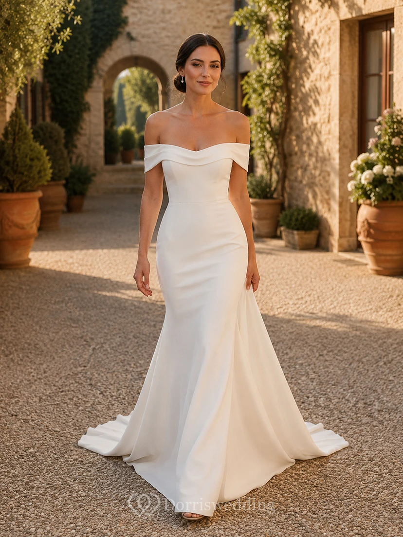 Robe de mariée sirène simple en crêpe à épaules dénudées et dos boutonné