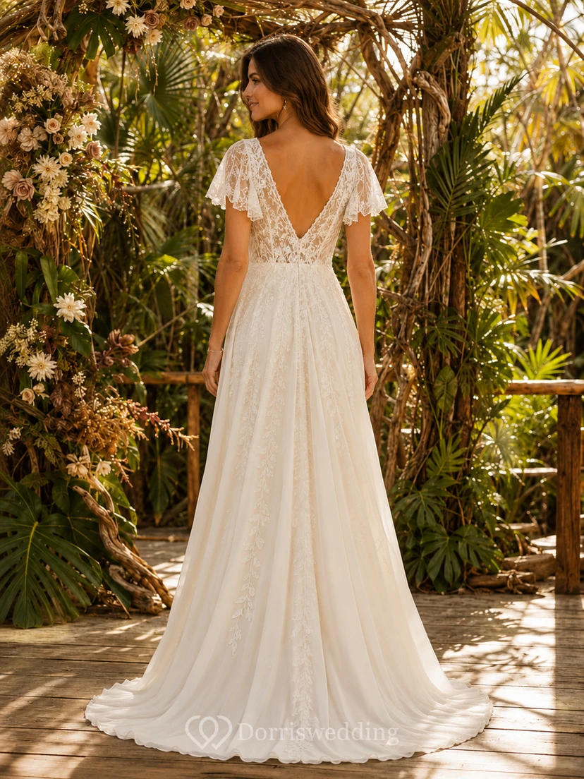 Robe de mariée trapèze en mousseline à manches papillon et décolleté en V profond, style jungle, pour un mariage de destination. view 2