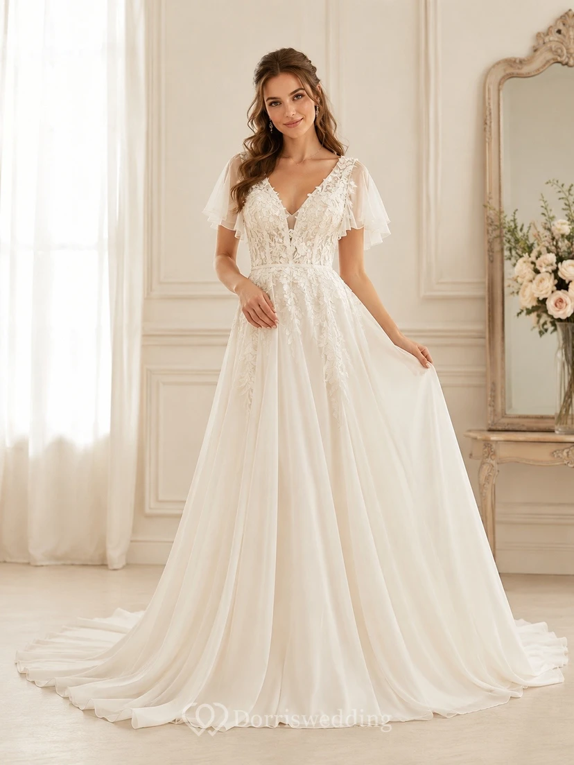 Vestido de novia bohemio romántico elegante con estampado floral, edición C, corte A y encaje.