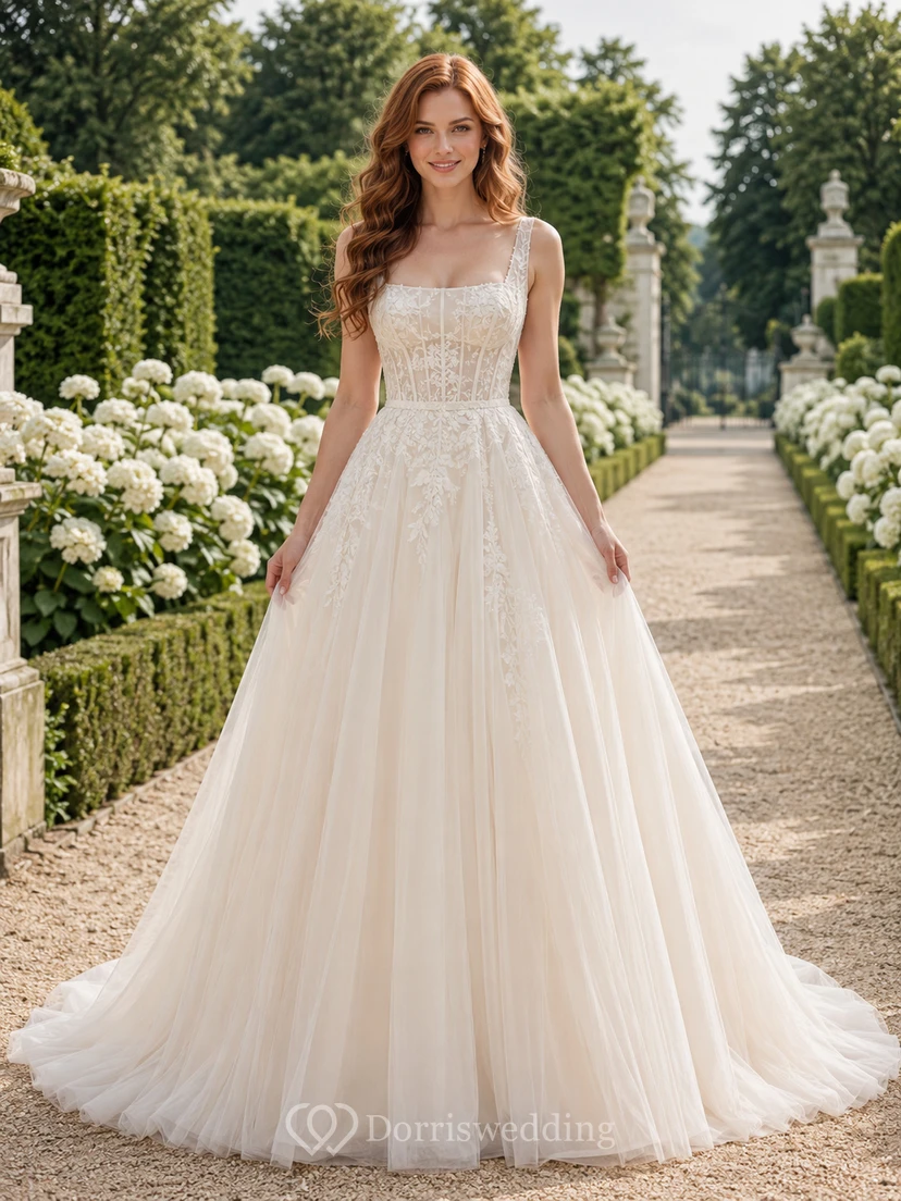 Garten-Brautkleid mit Spaghettiträgern, Spitzenoberteil und Tüll-A-Linie