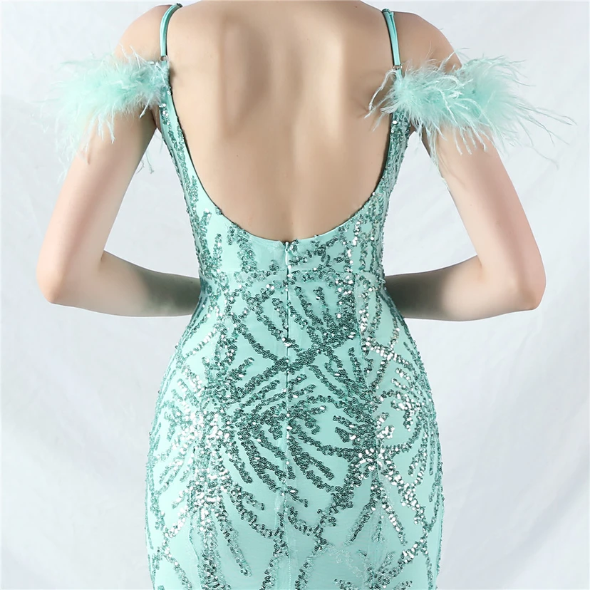 9-farbiges, handgefertigtes Abendkleid aus Kamelfedern, Netzstoff und Pailletten, sexy Trägern view 77