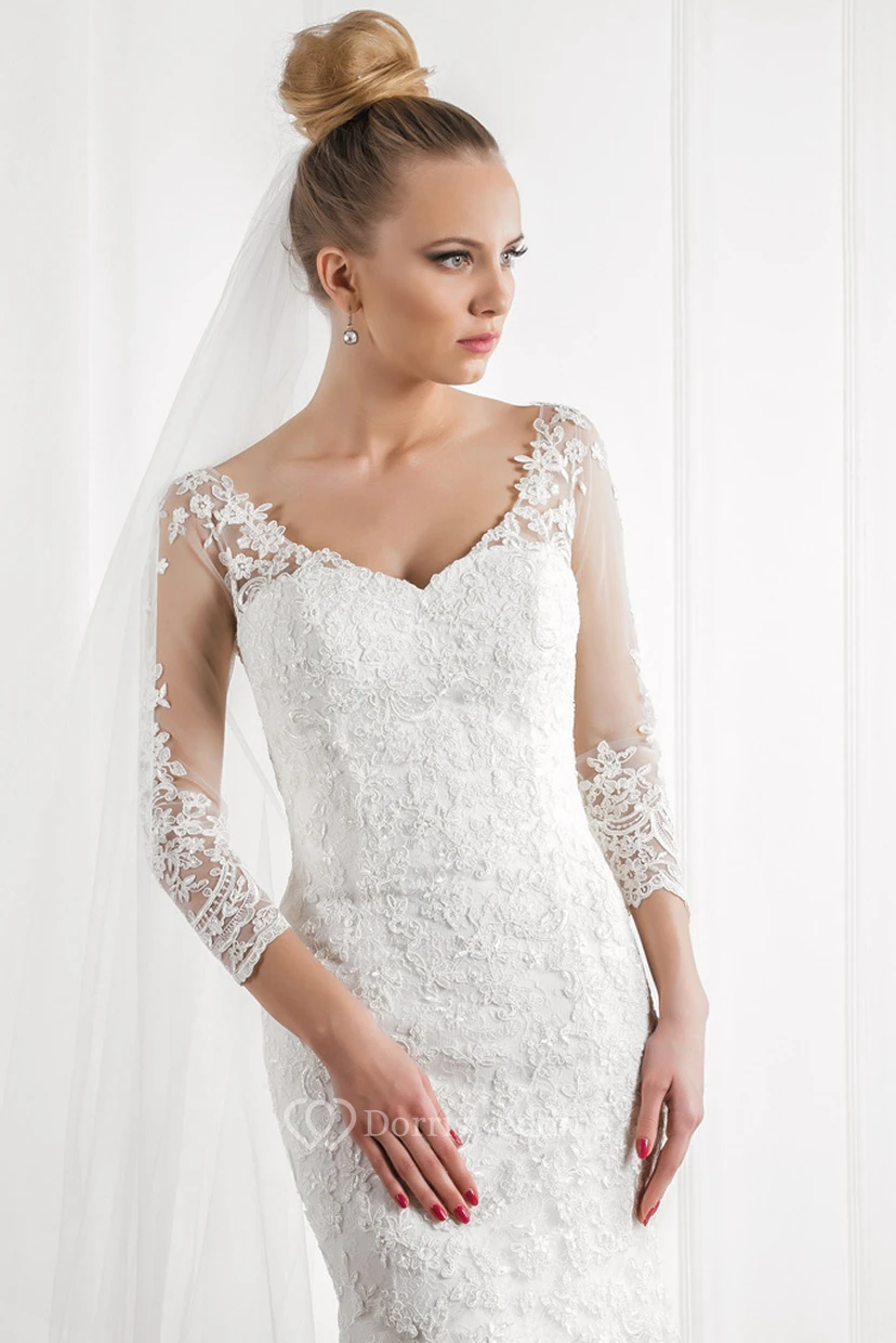 Mermaid Appliqued V-Neck 3-4 Sleeve Lace Wedding Dress With Court Train view 3