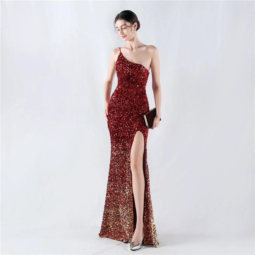 Sexy Abendkleid mit Samtsaum, Farbverlauf, Pailletten, hohem Schlitz und schräger Schulterpartie view 25