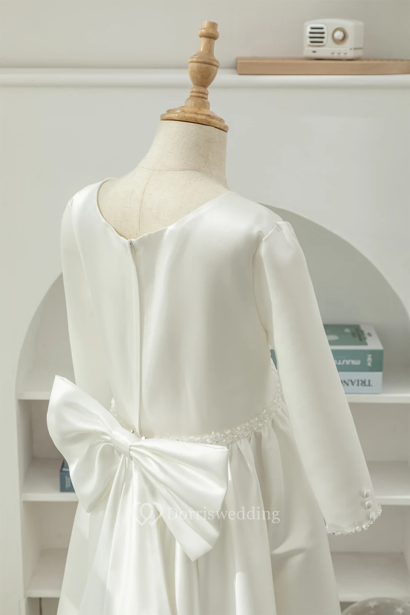 Modest Long Sleeve Scoop-neck Satin A-line Beaded Flowergirl Dress view 8