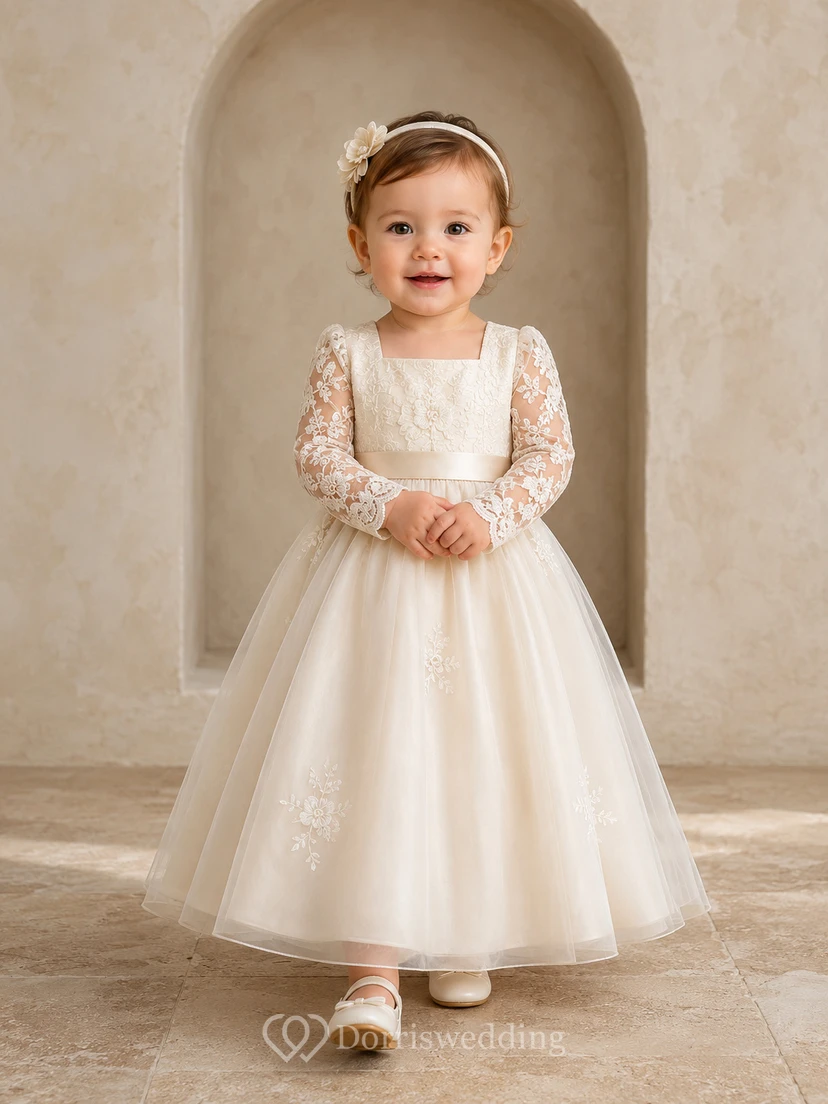 Champagne Embroidered Lace Sleeve Baby Baptism A-Line Bow Back Dress