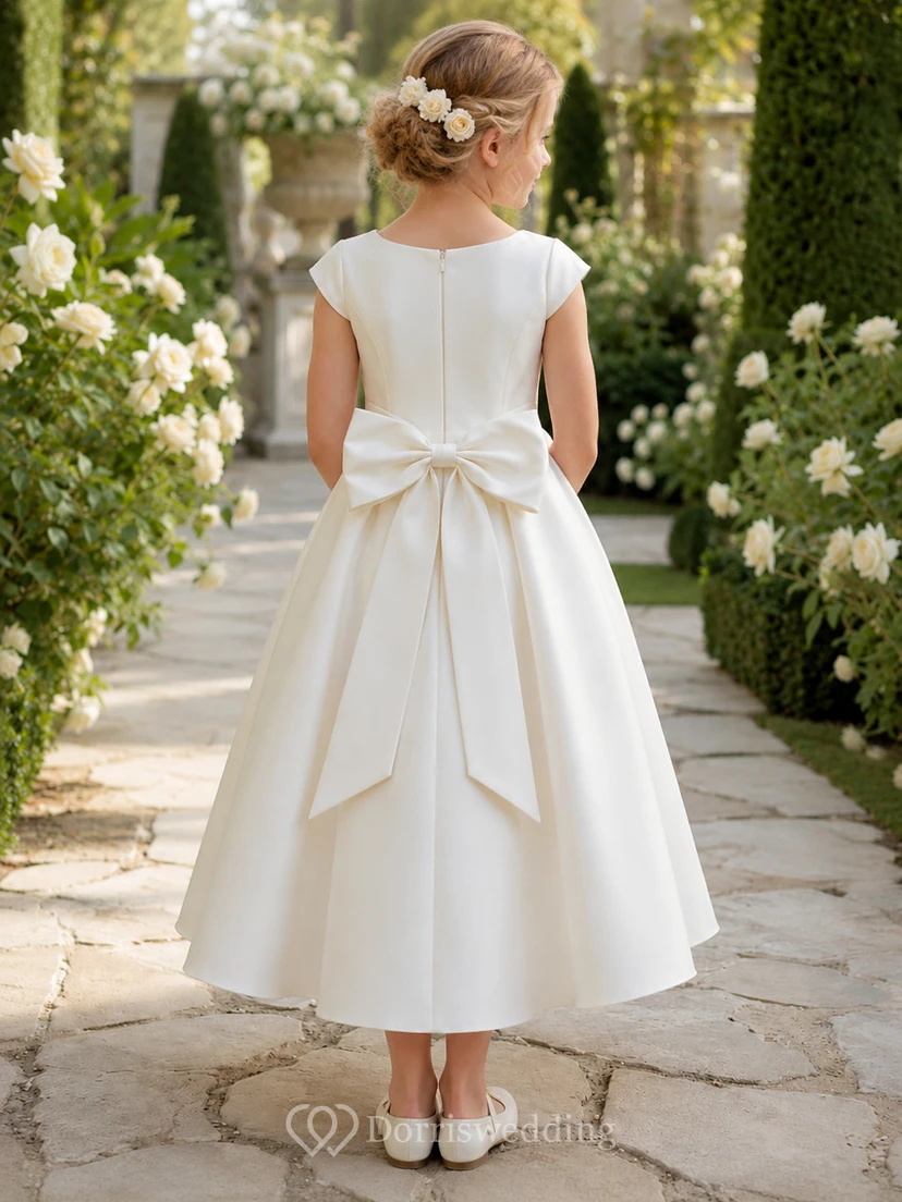 Vestido de niña de flores blanco sin mangas, de corte A, con escote joya y falda a la altura de la rodilla con detalle de lazo. view 2
