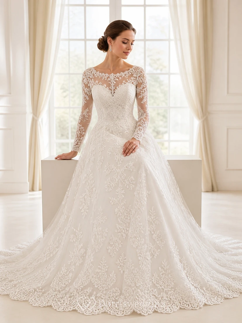 Elegante vestido de novia catedral de corte A con escote barco y encaje floral y manga larga