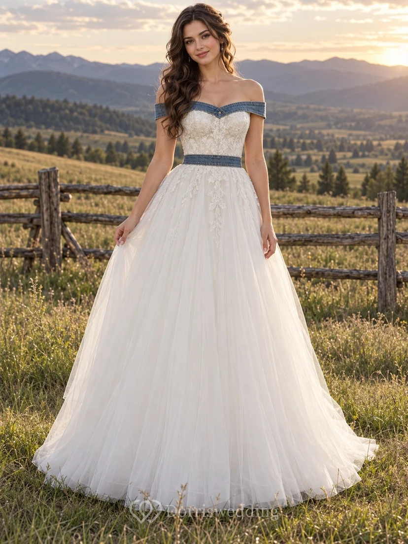 Western Country schulterfreies A-Linien-Hochzeitskleid aus Spitze und Tüll mit blauen Jeansbändern und Taillenband
