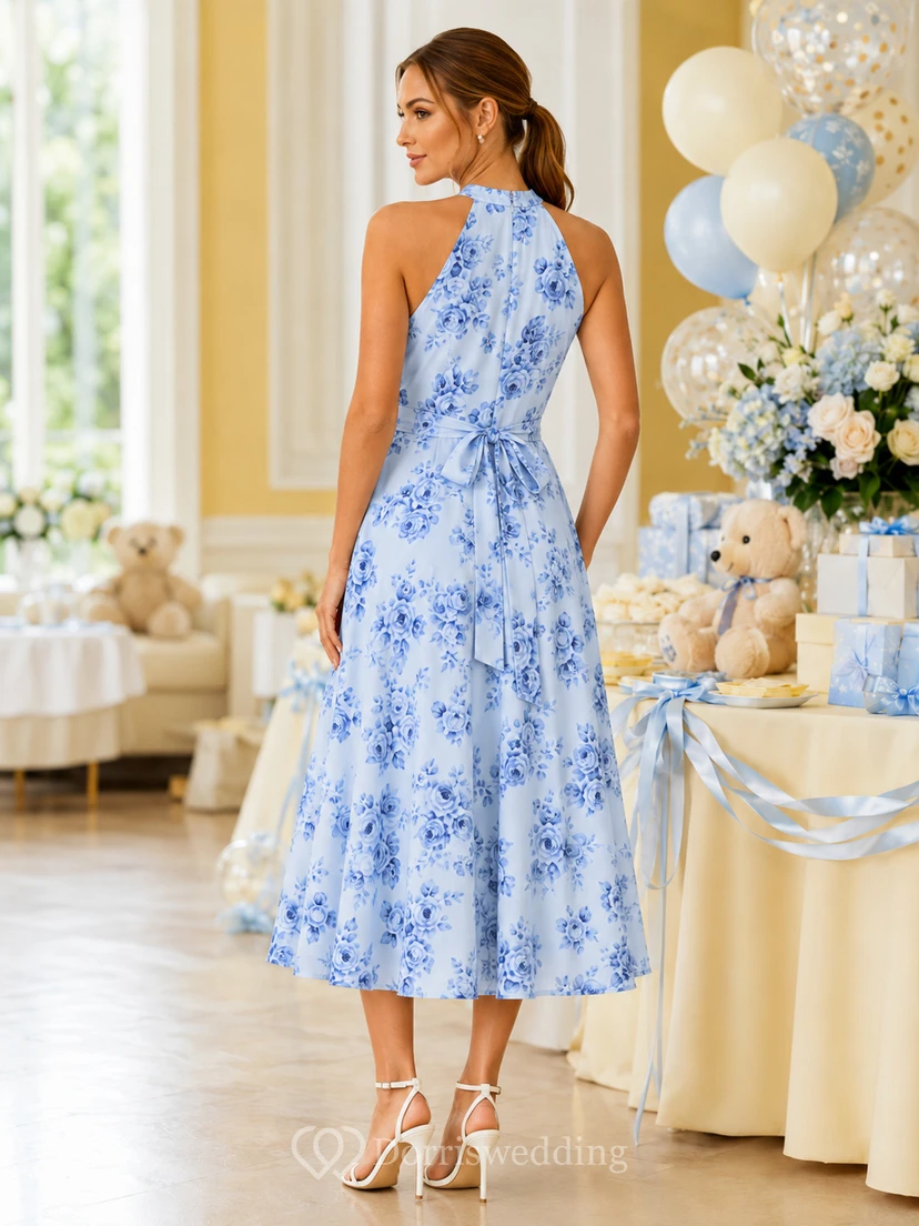 Blue Floral Halter A Line Baby Shower Midi Dress view 2