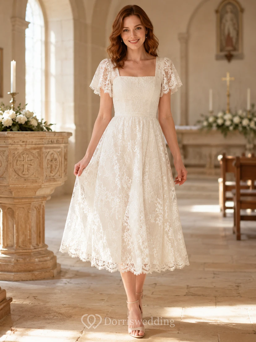 Vestido de bautizo de corte A con escote cuadrado y mangas con volantes, color marfil y encaje.