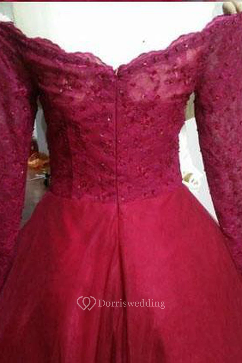 Ball Gown Lace Tulle Off-the-shoulder Long Sleeve Zipper Low-V Back Dress view 2