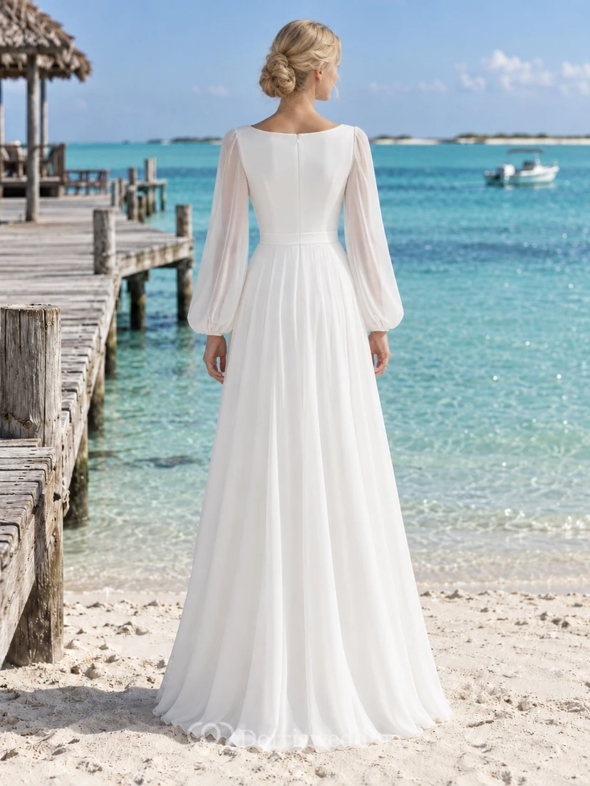 Vestido de novia de gasa de manga larga con escote barco discreto y falda lisa de corte A hasta el suelo. view 2