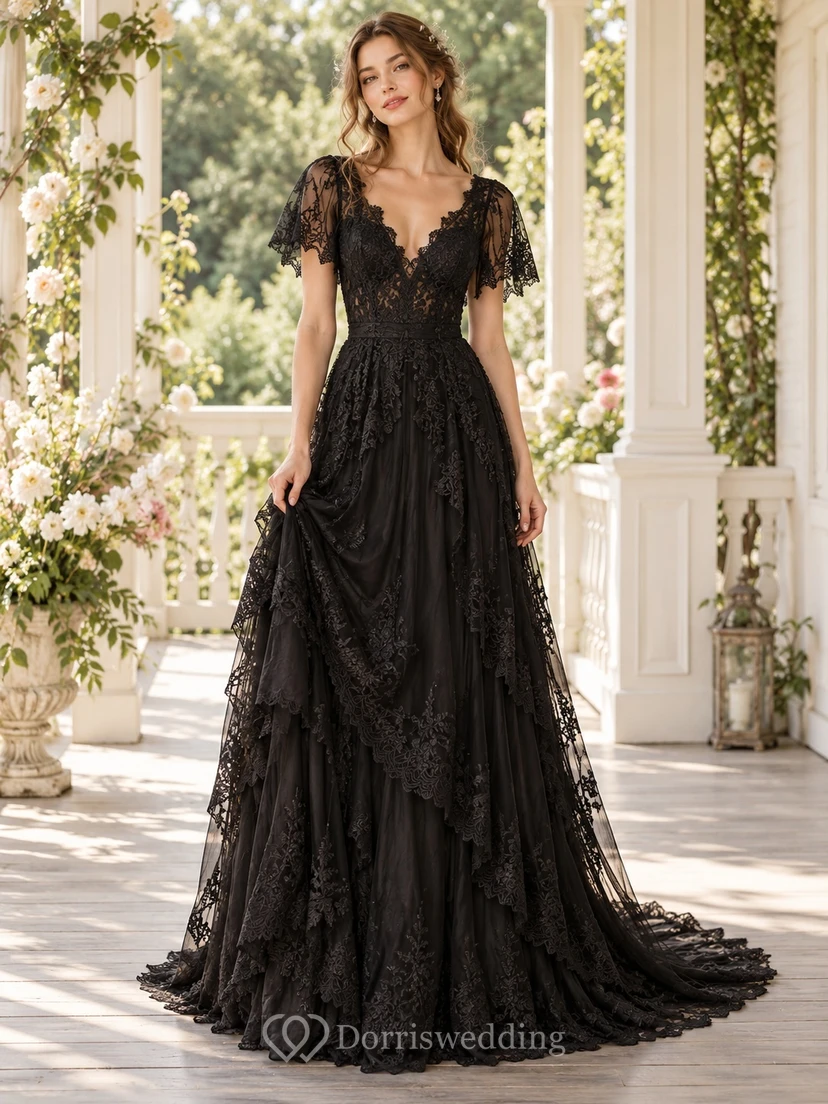 Vintage Black V-neck Flutter Sleeve Tiered Lace Wedding Dress