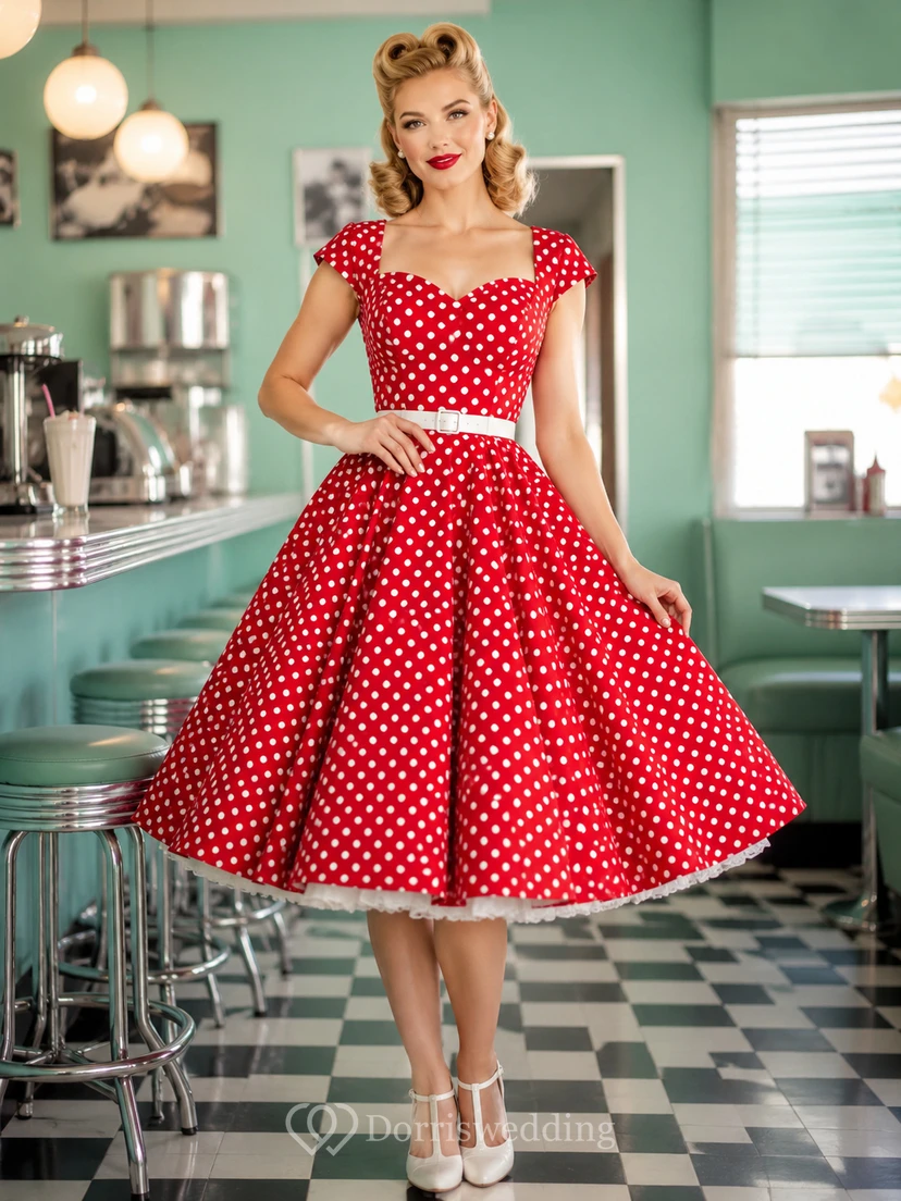 Retro Red Polka-Dot Scoop-Neck Cap-Sleeve Taffeta A-Line Tea-Length Cocktail Guest Dress
