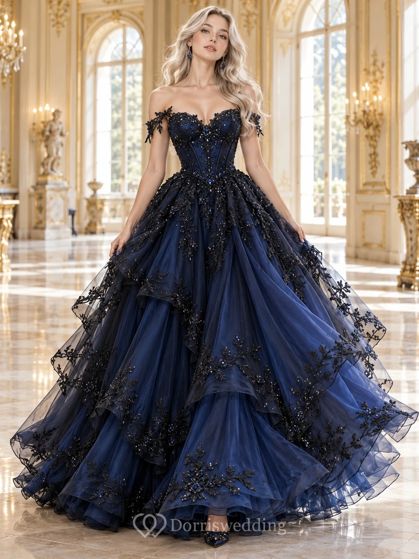 Robe de bal gothique bleu marine foncé à épaules dénudées en tulle fleuri à épaules dénudées