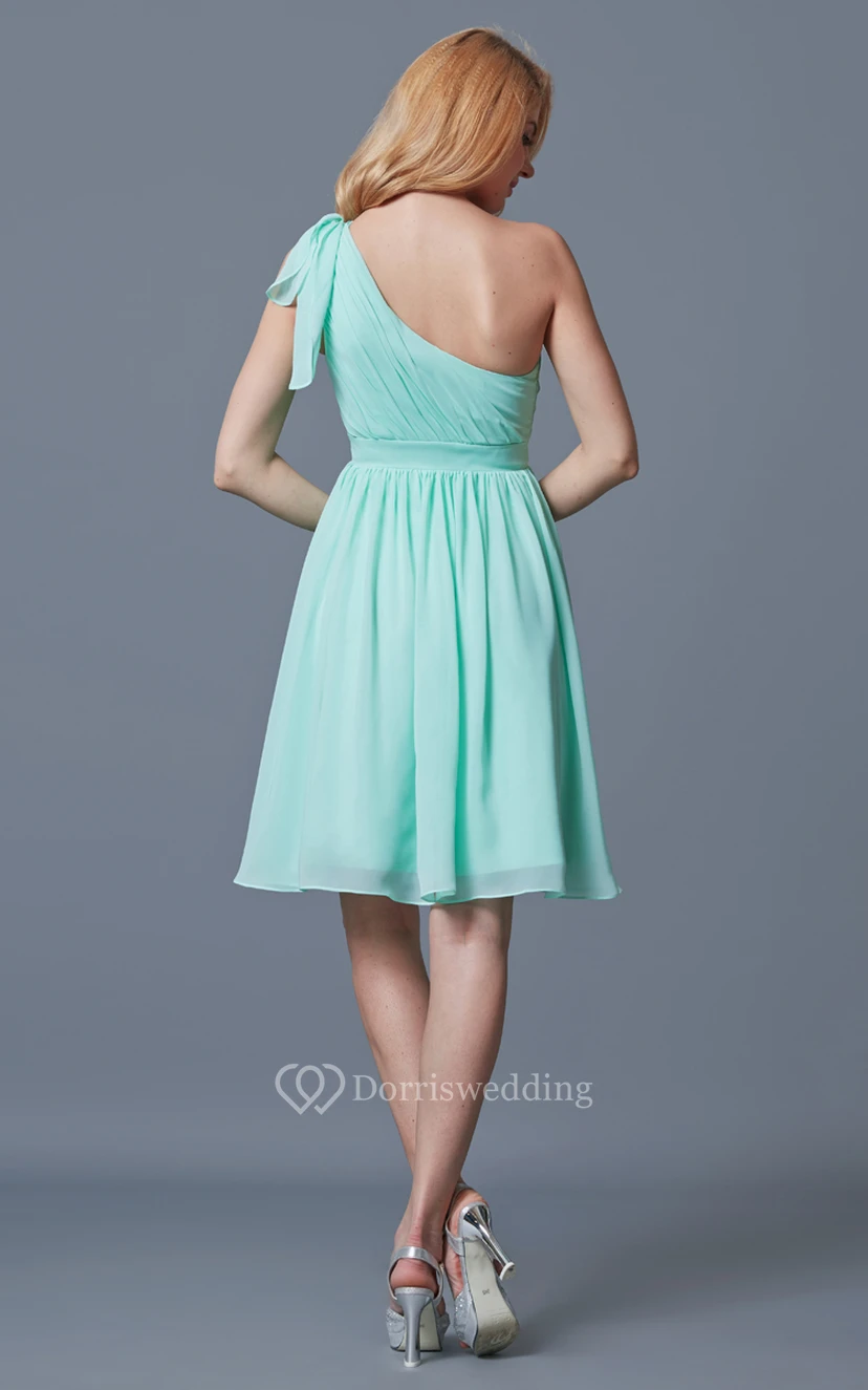 Sassy One Shoulder Pleated Short Chiffon Dress With Bow view 4