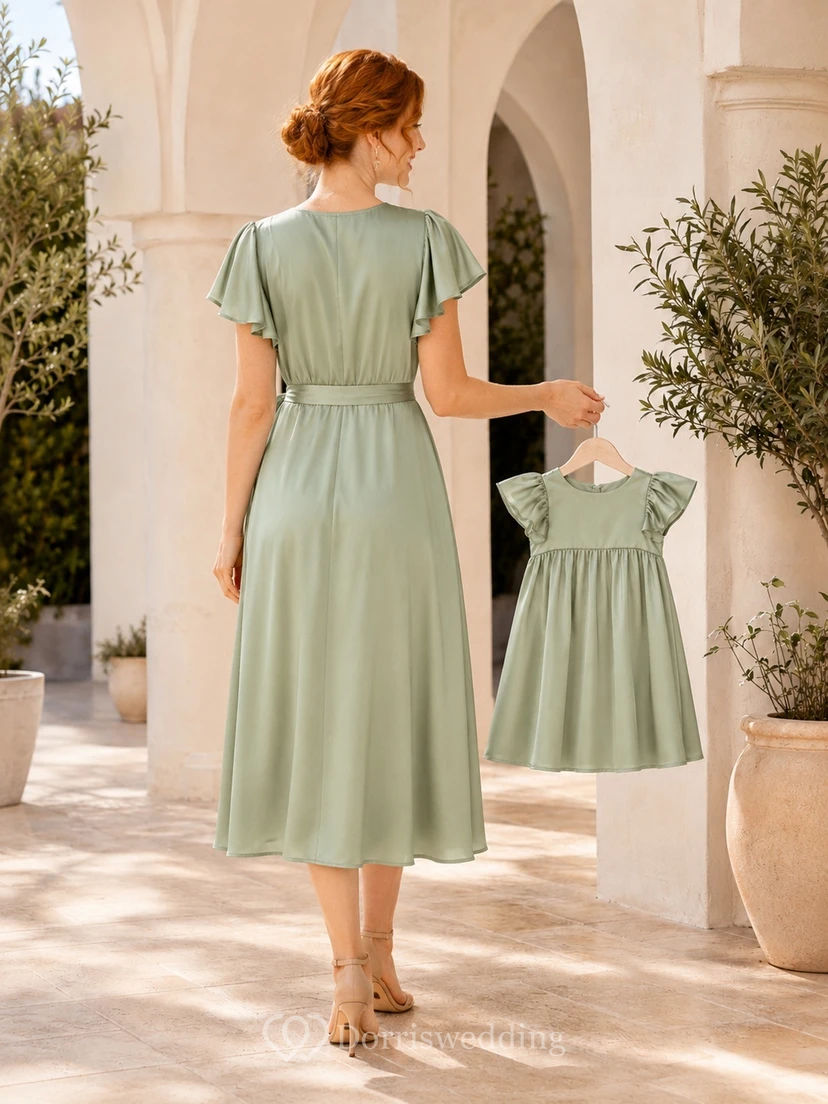 Sage Green V-Neck Flutter Sleeve Sash A-Line Tea-Length Mother Dress view 2