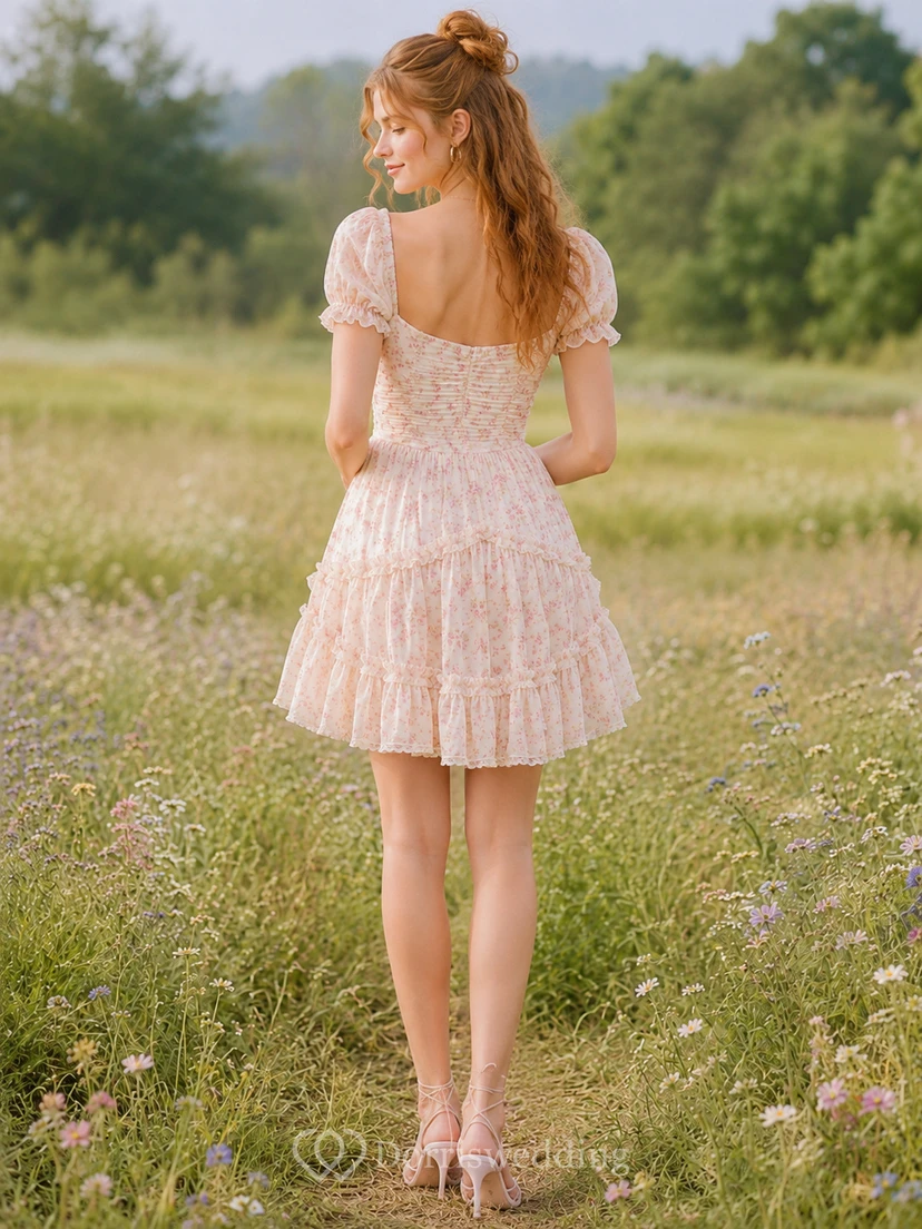 Rosafarbenes, geblümtes Minikleid mit Puffärmeln und Smokdetails, gestuft und mit Puffärmeln view 2