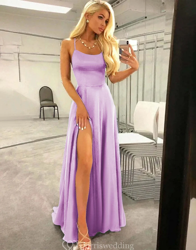 Simple Satin Spaghetti A-line Dress with Sweep Train view 16