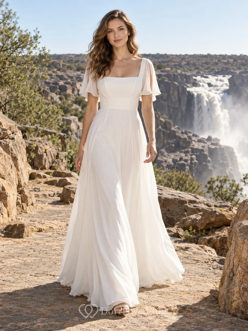 Vestido de novia sencillo de gasa con cuello cuadrado, manga corta y corpiño liso en línea A