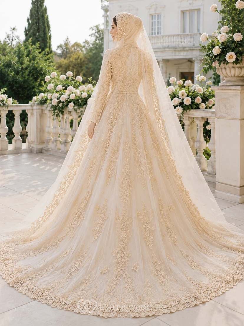 Champagne Gold Muslim Lace Cathedral Train Wedding Dress view 2