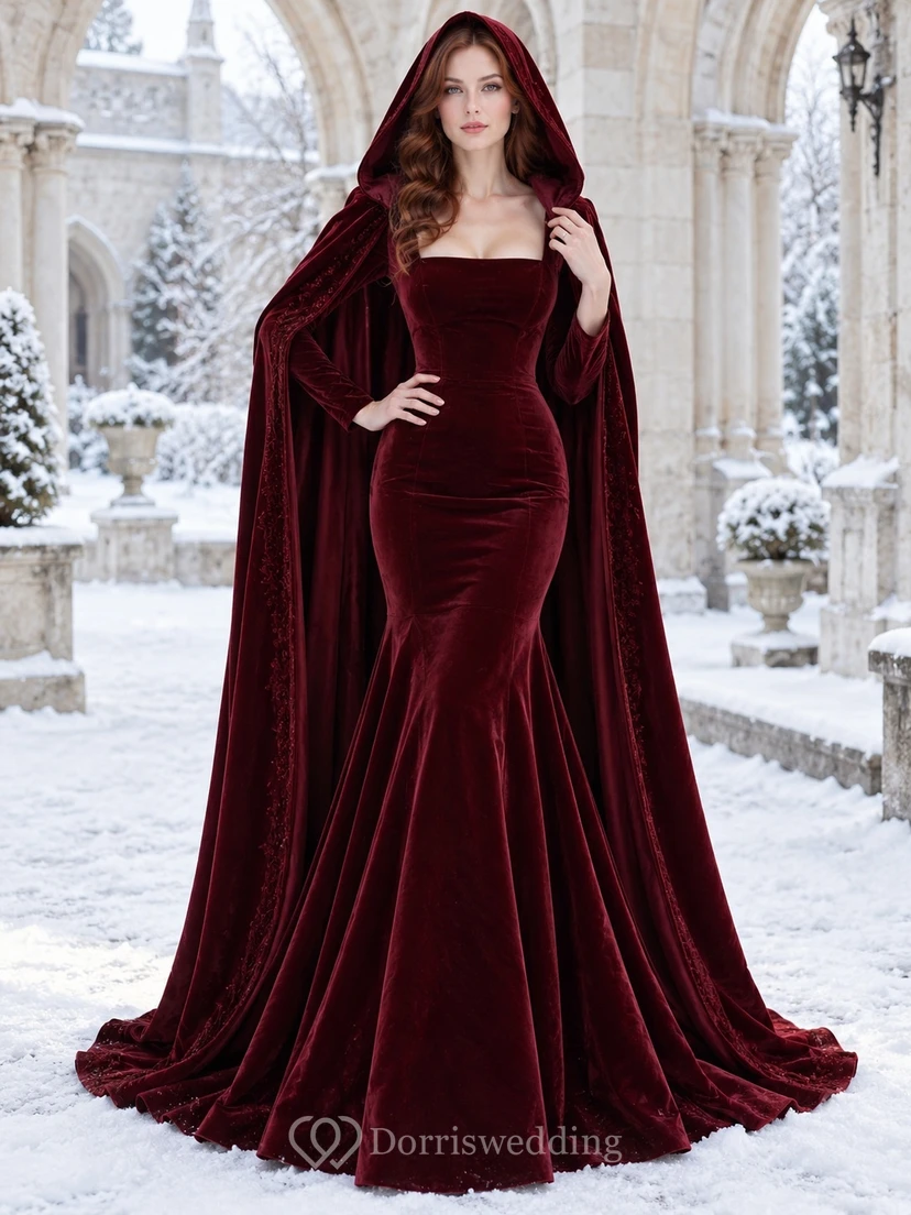 Vestido de invierno de terciopelo burdeos con cuello cuadrado y capucha, estilo sirena.