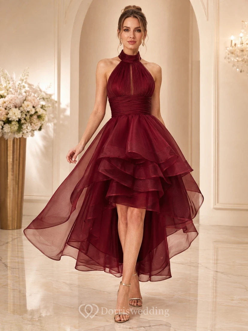 Elegant Burgundy Halter Sleeveless Organza A-Line High-low Cocktail Dress