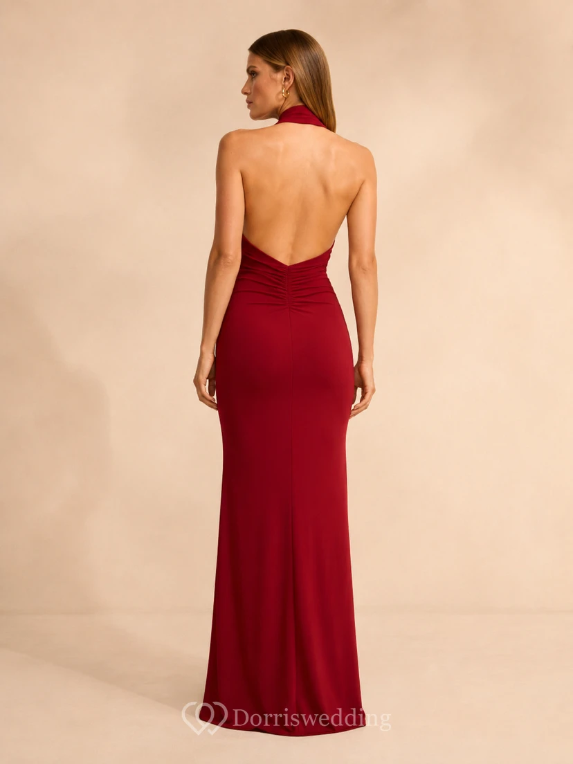 Red Halter Crepe Sheath Evening Dress view 2