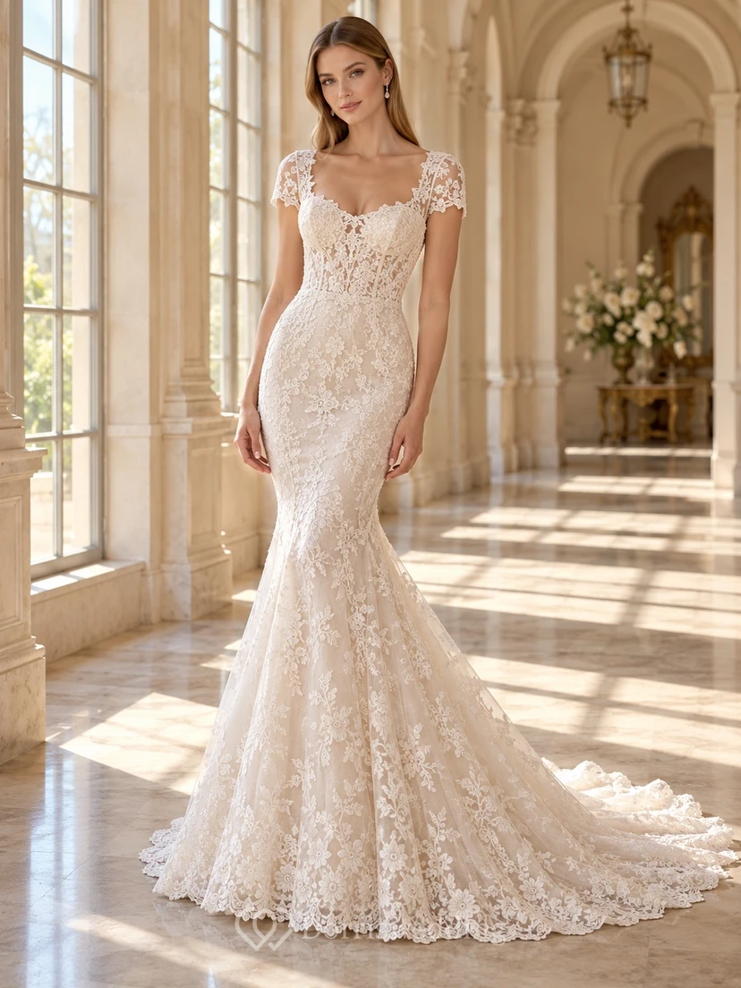 Mermaid Short Sleeve Scoop Neck Allover Lace Wedding Dress