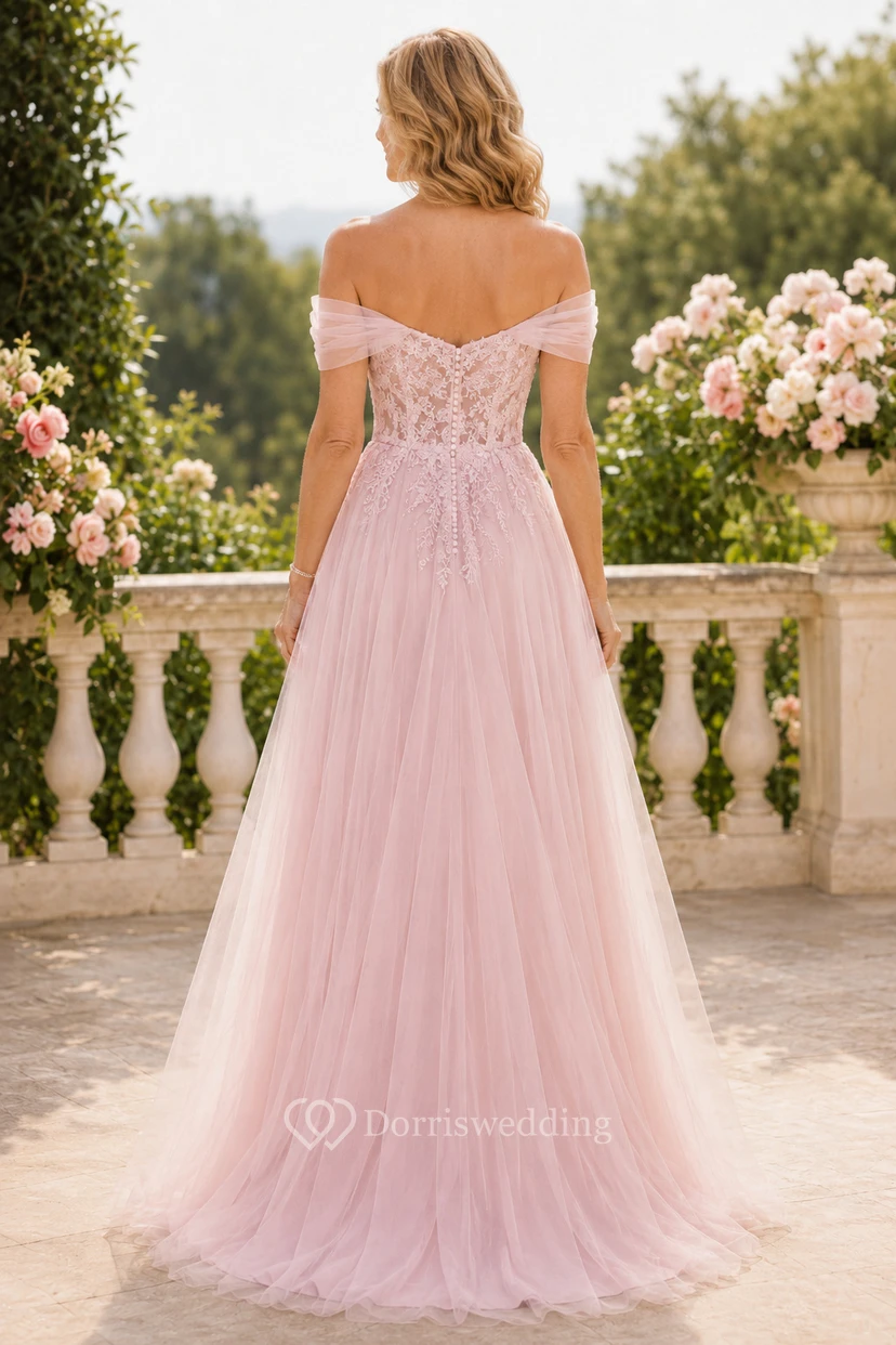 Blush Off-Shoulder Tulle A-Line Mother Dress With Lace Bodice view 2