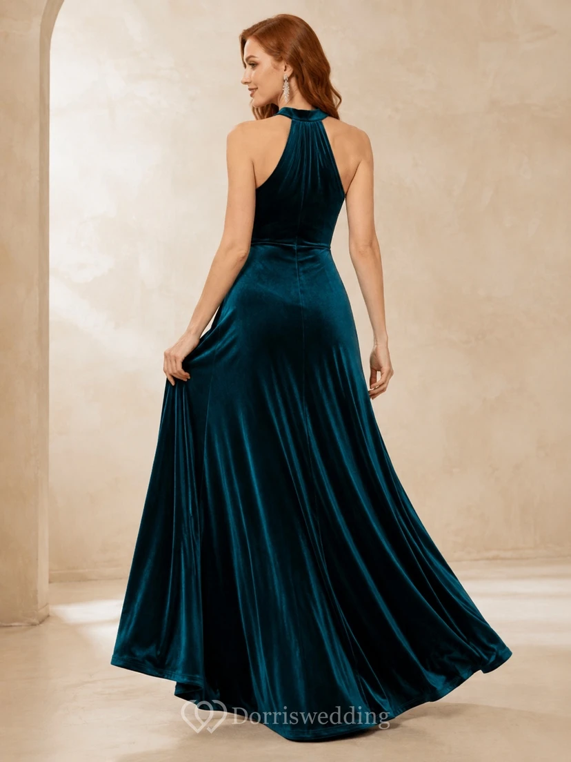 Elegant Peacock Halter Velvet A-Line Floor-Length Simple Formal Evening Gown view 2